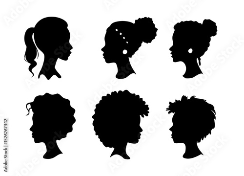 Silhouette afro girl vector set with hairstyle, black woman face on transparent background