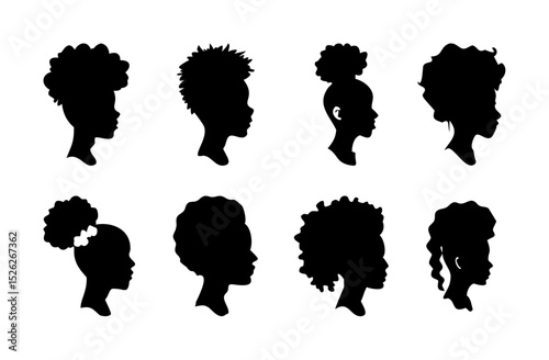 Silhouette afro girl vector set with hairstyle, black woman face on transparent background