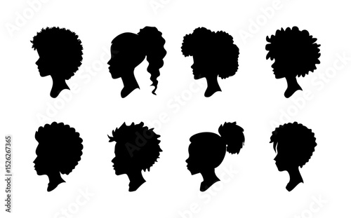Silhouette afro girl vector set with hairstyle, black woman face on transparent background