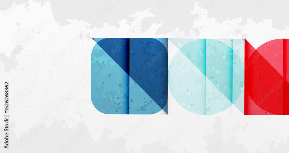 Abstract graphic design features layered rectangles forming UNO text. Colors include blue, red, turquoise against textured white background. Simple, modern aesthetic.