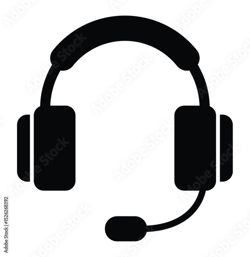 Black silhouette headset with microphone icon. Symbol for customer service, online support, communication, tech help, call center, and virtual assistance. Clean, simple vector graphic.