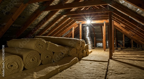 Unfinished attic space with rolls of thermal insulation material ready for installation. Home improvement and energy efficiency concept.