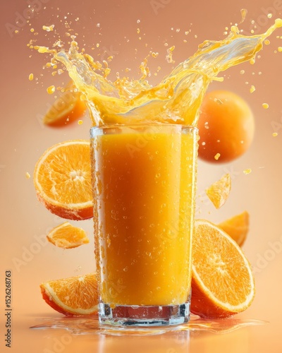 A tall glass of orange juice with a splash and fresh orange slices.