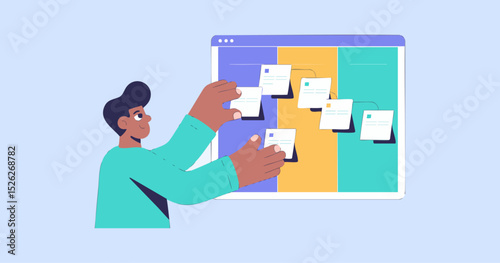 Agile project management and workflow, person organizing sticky notes on a board vector illustrations 
