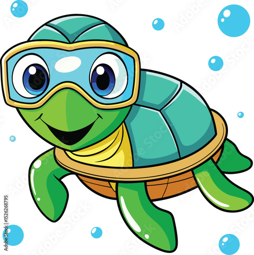 Cute cartoon sea turtle with goggles swimming underwater among bubbles