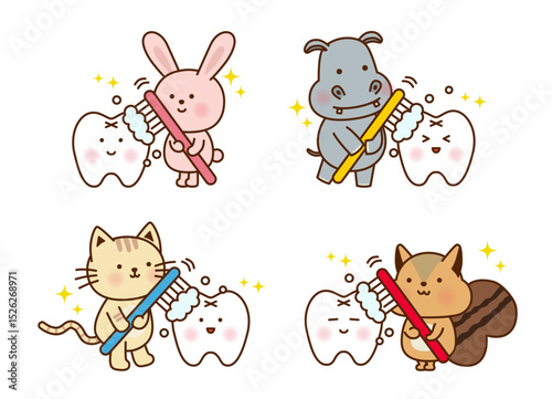 かわいい動物たちが歯を磨くイラストセット（うさぎ・カバ・ネコ・リス）