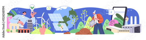 Sustainable development ESG concept. Environmental, social, and governance banner. Caring about ecology, nature, environment. Eco friendly investing, management of company. Flat vector illustration