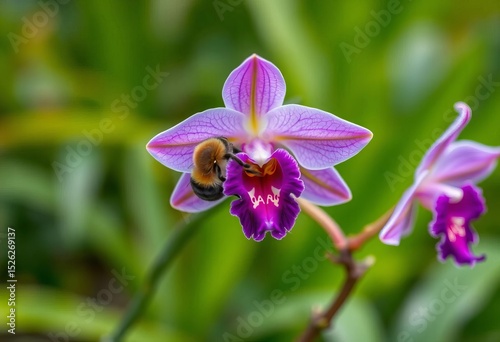 Intricate bee orchid blossom, vibrant purple petals against blurred green foliage,  insect mimicry,  ophrys apifera