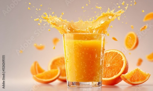 A tall glass of orange juice with a splash and fresh orange slices.