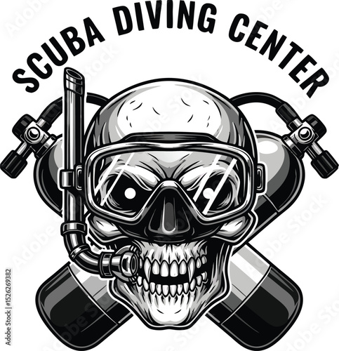 Scuba diving center logo featuring skull wearing diving mask and oxygen tanks illustration
