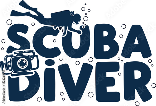 Silhouette scuba diver with camera and bubbles creative illustration for diving adventures