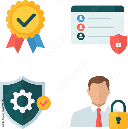 Cloud safety and agreement icons showing law scale, approval ribbon, financial badge and locked user protection.