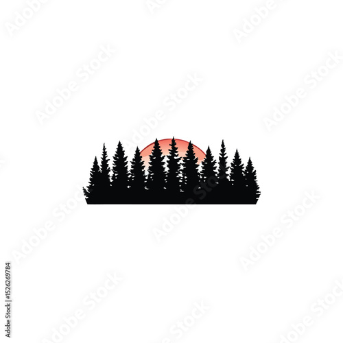 A dense pine forest seen from afar during sunset silhouette on white background