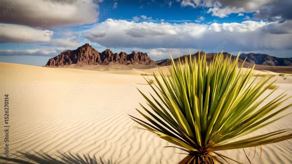 Dramatic desert landscape featuring undulating sand dunes, distant mountains and scattered vegetation under a partly cloudy sky.