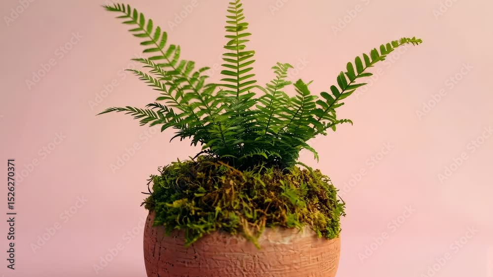 A single small clay planter styled with moss and tiny ferns on a pastel background. background
