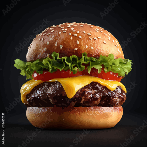 Perfectly styled cheeseburger with melted cheese, fresh lettuce, and tomato in a sesame seed bun.