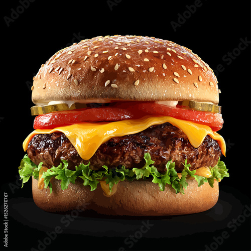 Perfectly styled cheeseburger with melted cheese, fresh lettuce, and tomato in a sesame seed bun.