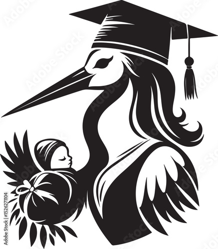 Stylish stroke with baby in black and white wearing a graduation hat vector illustration