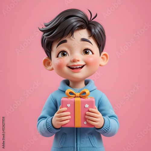 Little boy holding a pink gift box with a happy smile, celebrating the holiday surprise