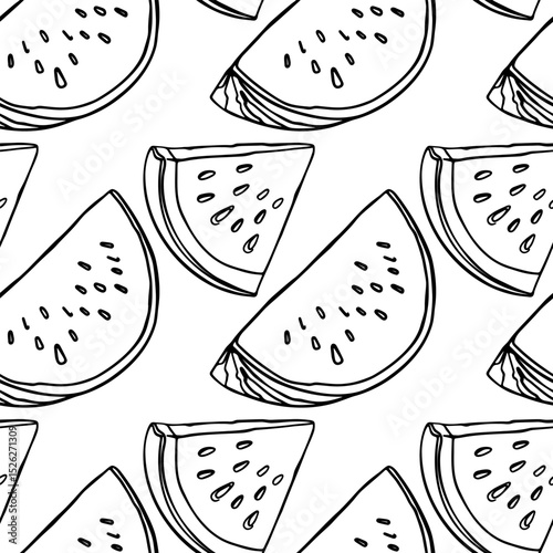 vector seamless pattern of black and white watermelon slices on white background.