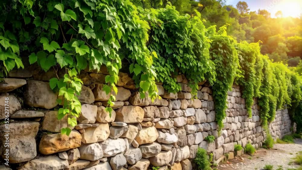 Old stone wall covered in vibrant green vines creates a scenic and peaceful garden landscape with a rural feel.