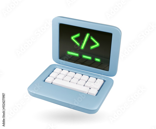 Laptop 3d icon with code on a computer screen. Programming, coding, software development. digital web technology