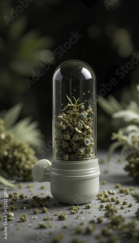 small terrarium encapsulates delicate green plants under clear dome, surrounded by scattered foliage on gray surface, creating serene and natural atmosphere