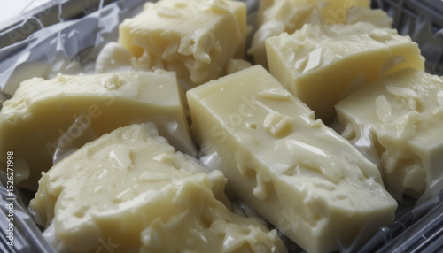 Creamy white chocolate chunks in clear plastic container, showcasing smooth and rich texture. pieces are irregularly shaped, highlighting their artisanal quality