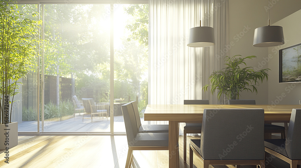 Fototapeta premium Bright contemporary dining room with wooden table and natural light