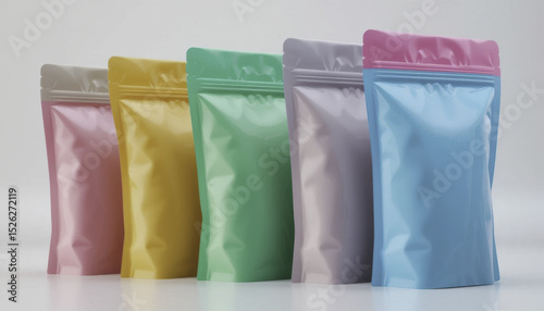 Colorful stand up pouches pastel shades are displayed row, showcasing packaging design. These resealable bags are ideal for storing various products, combining functionality with aesthetic appeal