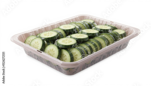 Sliced cucumbers neatly arranged in clear plastic tray, showcasing their fresh green color and crisp texture, ideal for salads or snacks. packaging is sealed for freshness