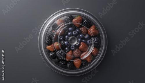 clear plastic container filled with fresh strawberries, blackberries, and blueberries is placed on dark surface, showcasing vibrant and healthy fruit selection