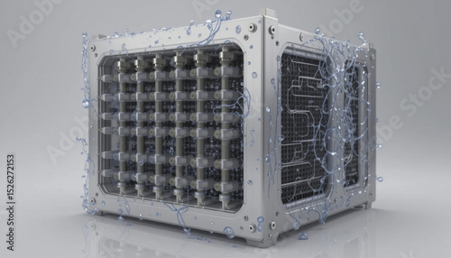 futuristic metal cube with intricate grid patterns is covered in water droplets, creating sleek and high tech appearance. design suggests advanced technology and innovation