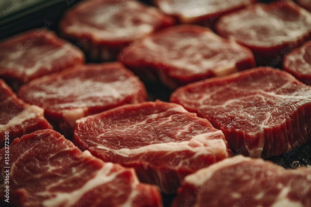Obraz premium Freshly cut beef steaks arranged neatly on a tray, showcasing marbling and texture, ideal for cooking