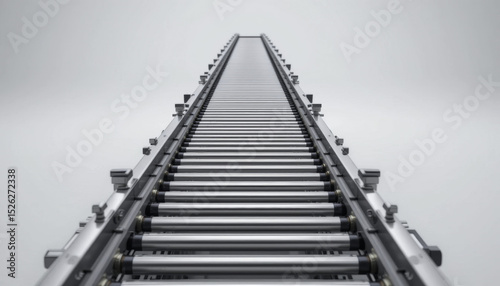 long, metallic conveyor belt stretches into distance, creating sense of endlessness and industrial efficiency. smooth, reflective surface and precise alignment of rollers emphasize modern