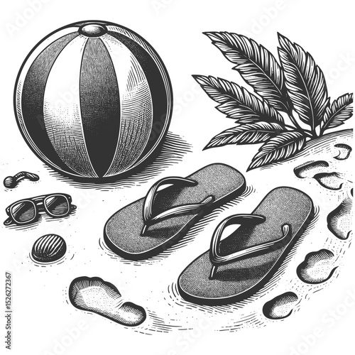 flip flops and a beach ball surrounded by pebbles, evoking summer fun and a relaxed beach vibe sketch engraving generative ai vector illustration. Scratch board imitation. Black and white image.