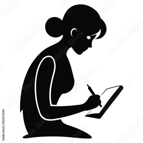Woman silhouette writing in notebook pen