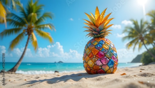 A bejeweled pineapple sits on a tropical beach with coconut trees under a clear blue sky by the sea.