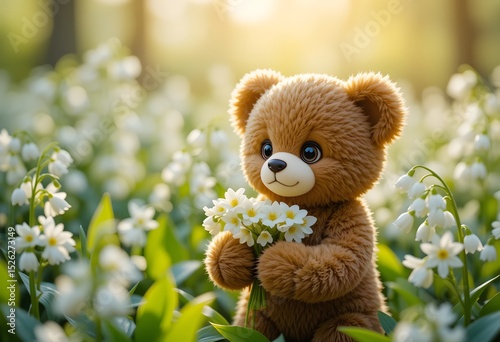 Teddy bear sitting with flowers in a garden surrounded by soft and fluffy toys