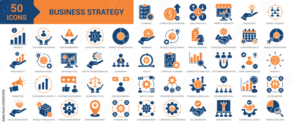 Fototapeta premium Business Strategy icon collection set. Containing project plan, competitive advantage, swot analysis, market research, business innovation, decision-making, long term goals icon. Simple flat vector