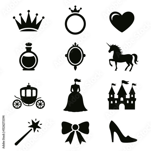 Collection of fairytale themed icons including crown ring heart and more in black silhouette