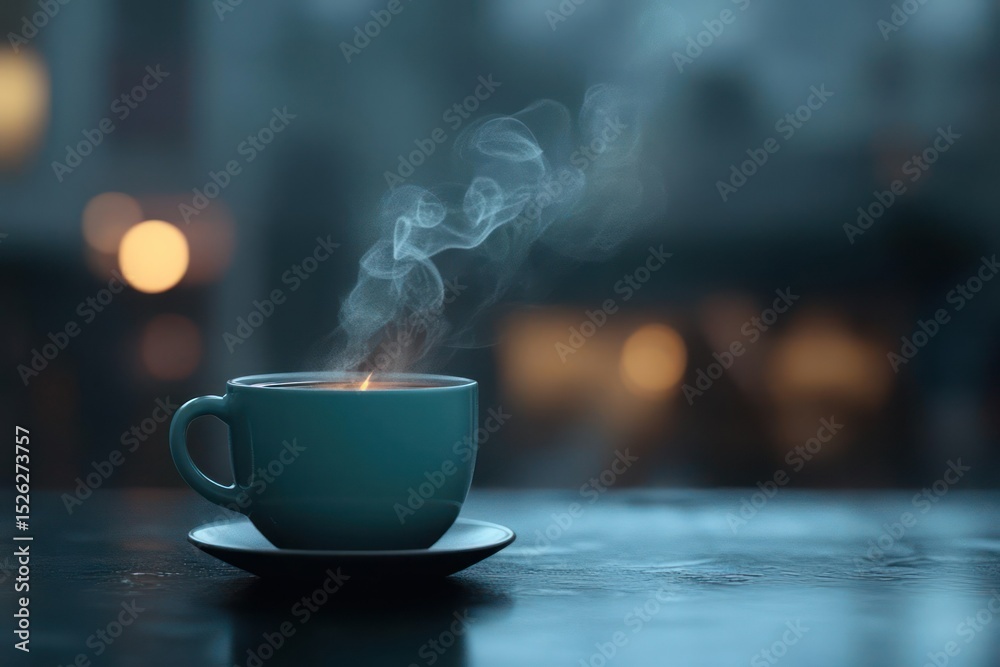 Fototapeta premium Teal Cup Of Steaming Beverage On Saucer Against Blurred Blue Bokeh Background