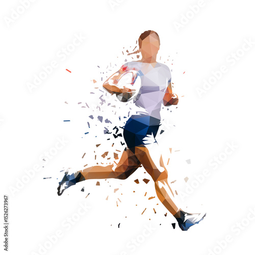 Rugby, woman running with ball, side view. Isolated low polygonal vector illustration, polygonal drawing with distortion effect. Team sport athlete clipart