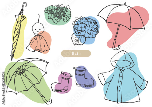 梅雨のラフな線画アイテムセット（傘・レインコート・紫陽花など）