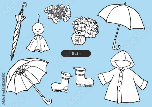 梅雨のアイテムセット（傘・レインコート・紫陽花など）