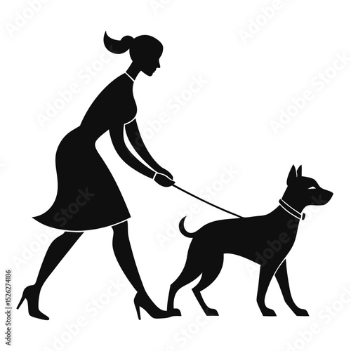 Woman walking dog silhouette stylish elegant canine