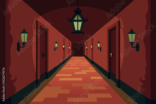 Mysterious Red Corridor A Dark and Eerie Hotel Hallway Illustration