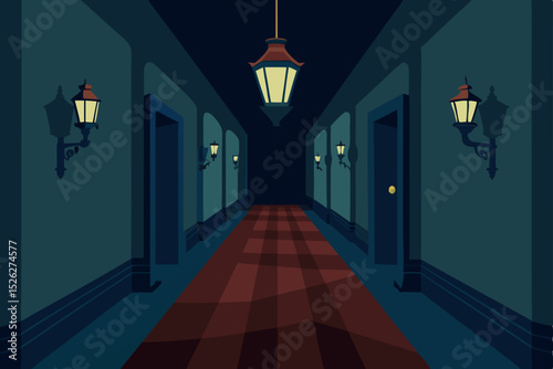 Mysterious Dark Hotel Corridor A Spooky Nighttime Illustration