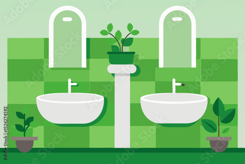 Refreshing Green Bathroom Design Double Vanity with Plants
