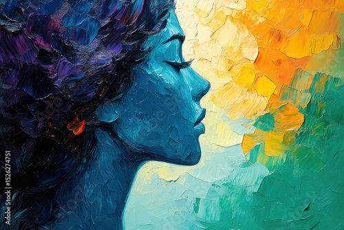 Impasto painting of a woman's profile, vibrant blues and yellows dominate the palette, conveying serenity and warmth.